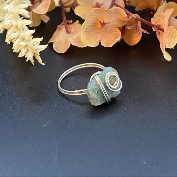 Silver Wire Wrapped Green Moss Agate Ring - Picture 1 of 4
